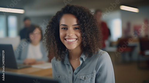 Close up portrait of young beautiful woman smiling while working with laptop in office.Created with Generative AI technology.