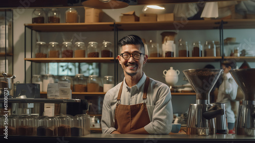 Entrepreneur in his modern coffee roastrery and distribution spa.Created with Generative AI technology.