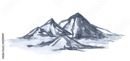 Loose watercolor moutains in blue grey colors.Scape with hills and mountains isolated on white background.Aquarelle element,environment concept.