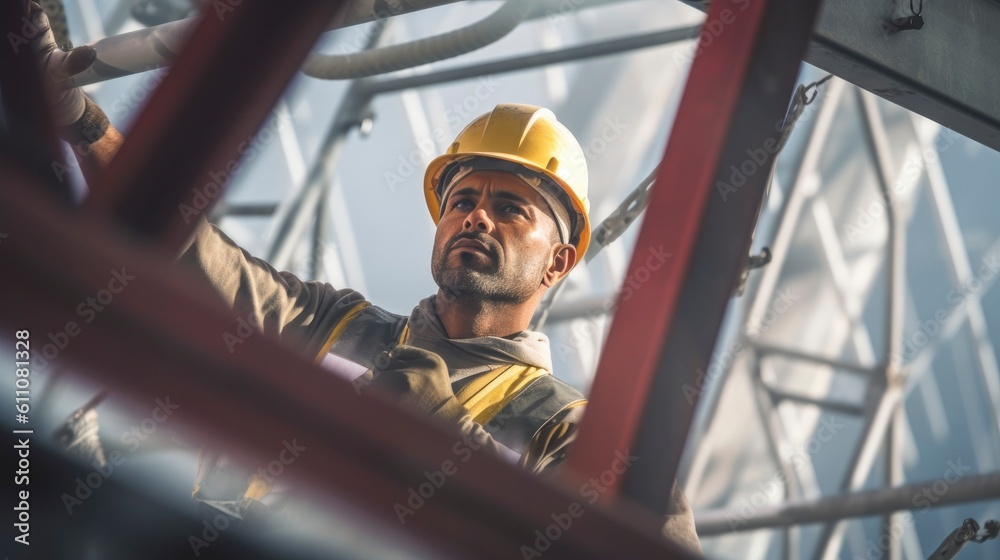 Generative AI Construction worker wearing full body safety harness helmet fall head protection equipment working at height abseiling after completed a task high rise building Generative AI Construction worker wearing full body safety harness helmet fall head protection equipment working at height abseiling after completed a task high rise building