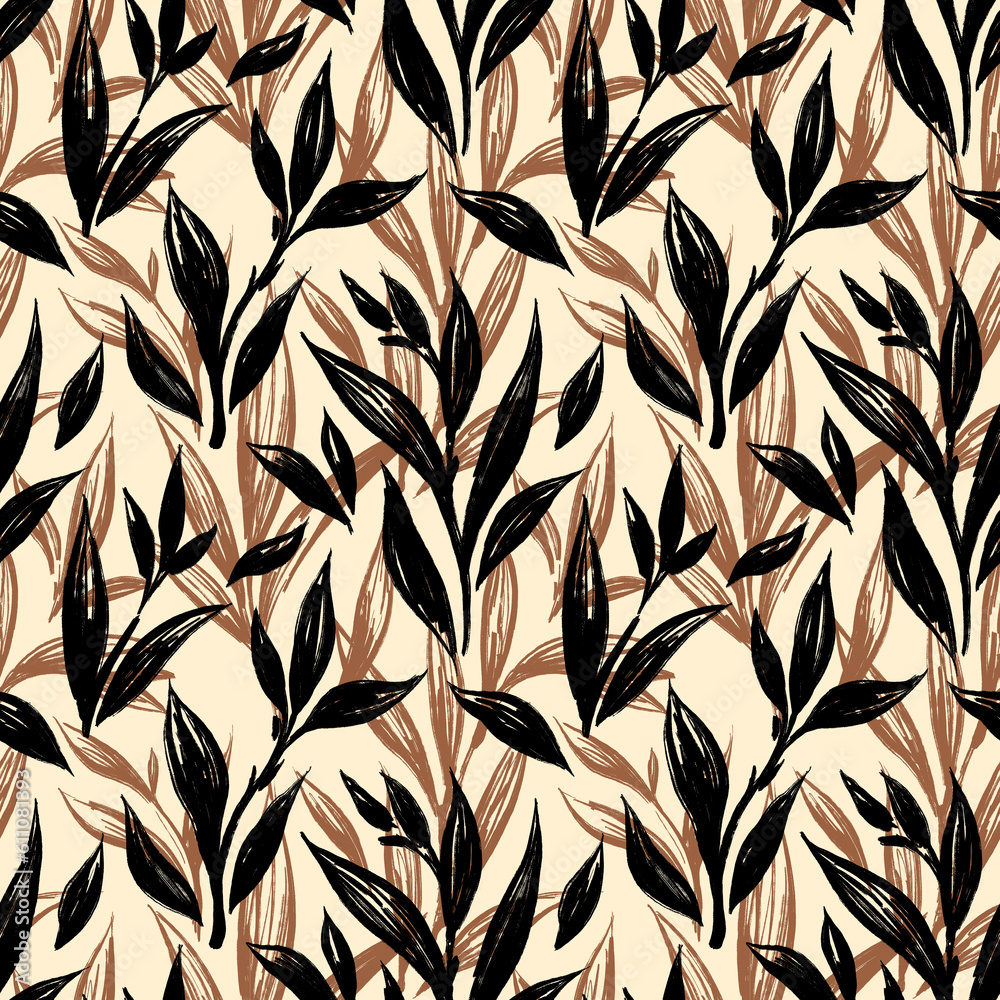 Stylized abstract seamless pattern with leaves and branches for fabric design, packaging and wallpaper.