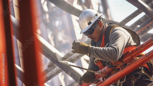 Generative AI Construction worker wearing full body safety harness helmet fall head protection equipment working at height abseiling after completed a task high rise building