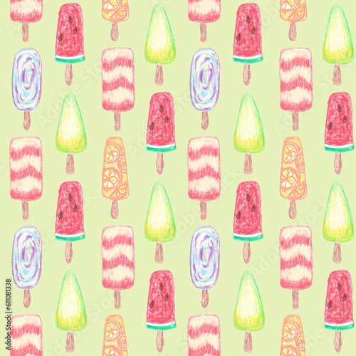 Hand painted seamless pattern with pastel chalk ice cream on sticks, popsicles with different flavors banana, strawberry, blueberry, orange, lemon and apple.Summer cold food background, refreshment
