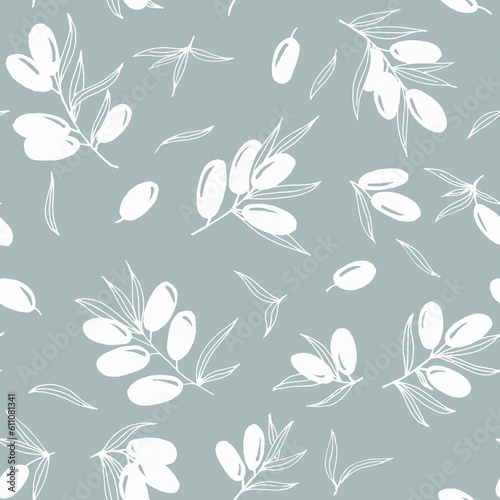 Line art hand drawn seamless pattern with white olive tree branches and leaves on paleblue backdrop.Organical fresh vegetarian healthy food background