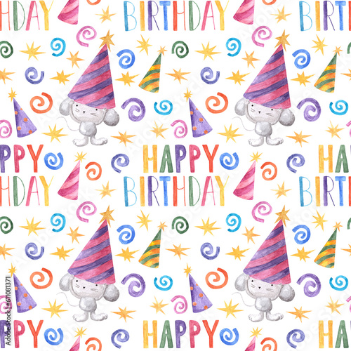 Hand drawn watercolor seamless pattern with cute mouse in party hat and spiral festive confetti as Birthday party background with handwritten words 