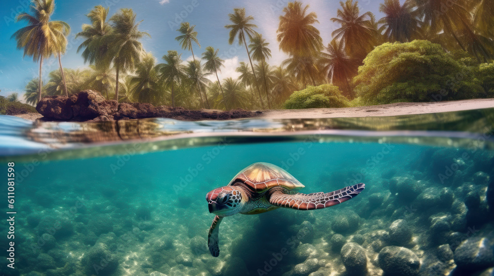 Aqua Serenity: The Graceful Encounter with a Sea Turtle. Generative AI