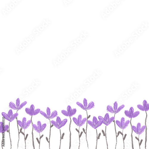 Pastel chalk hand painted botanical floral natural mock up with little violet flowers and grey leaves with copy space. Isolated on white square design element