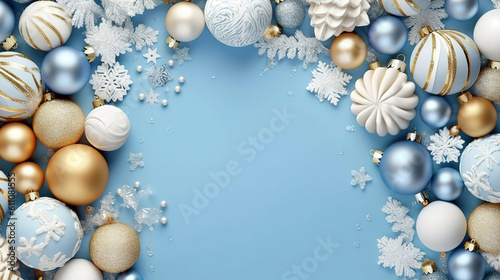 Christmas white and golden ornaments and gifts on blue background. Generative ai