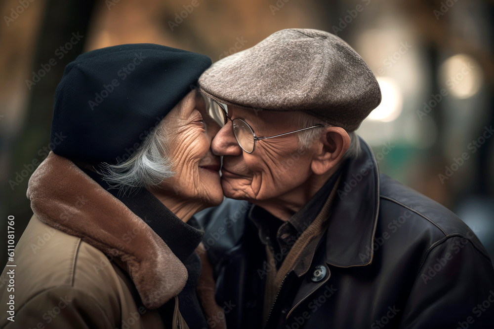 Fototapeta premium Caucasian Couple of old people hugging and in love in a park