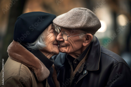 Caucasian Couple of old people hugging and in love in a park