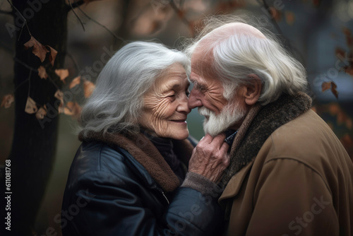 Caucasian Couple of old people hugging and in love in a park