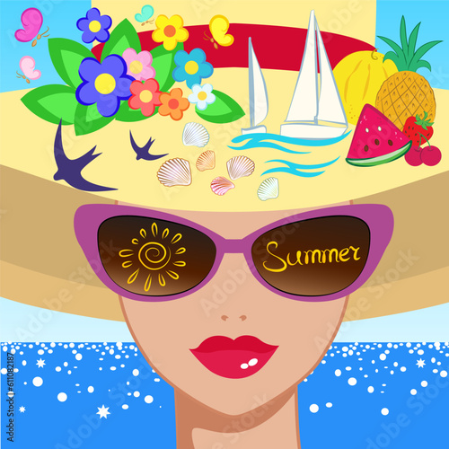 Vector illustration of a girl's face in sunglasses with the inscription summer, in a wide-brimmed hat with summer attributes on it. 