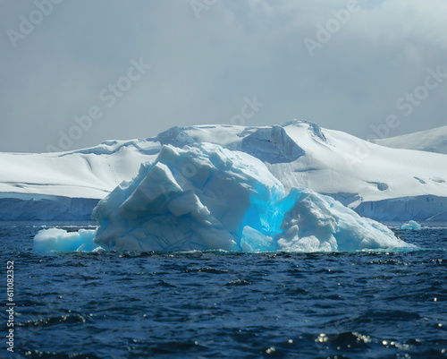 Antarctic nature landscape with icebergs in Greenland icefjord during midnight sun. Antarctica, Ilulissat, West Greenland. Global warming and climate change concept.