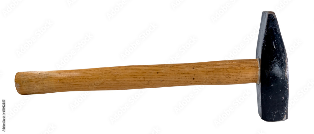 Hammer with a wooden handle with chips and scuffs on a white background. Old rusty hammer Hammer with a wooden handle with chips and scuffs on a white background. Old rusty hammer