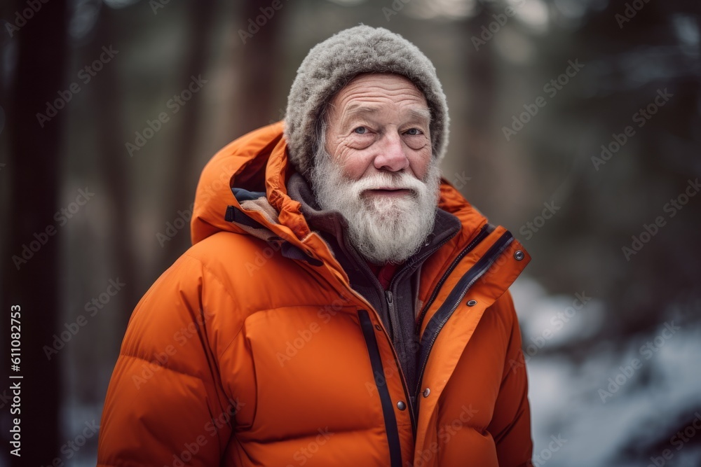 Environmental portrait photography of a glad old man wearing a cozy winter coat against a forest background. With generative AI technology Environmental portrait photography of a glad old man wearing a cozy winter coat against a forest background. With generative AI technology