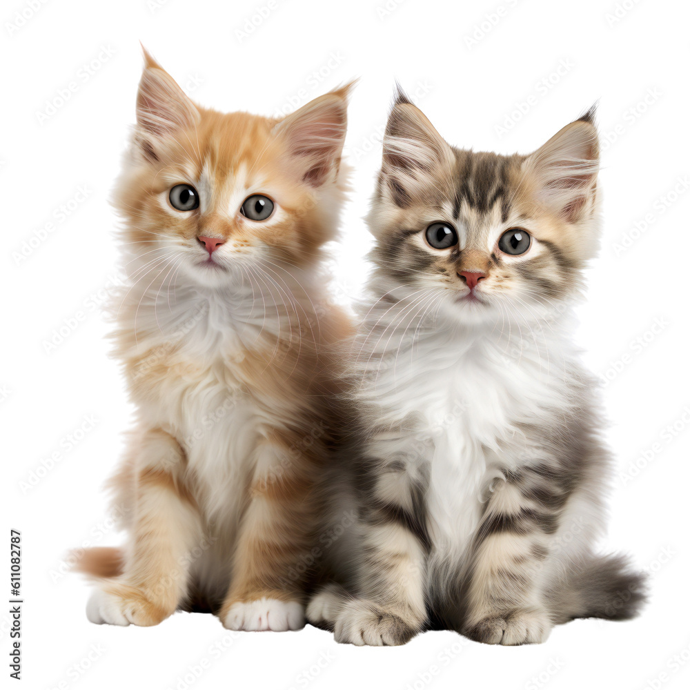 Two fluffy kittens are sitting together. Isolated on a transparent background. KI. Two fluffy kittens are sitting together. Isolated on a transparent background. KI.