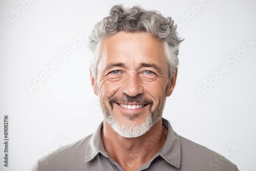 Medium shot portrait photography of a grinning mature man wearing a casual short-sleeve shirt against a white background. With generative AI technology © Markus Schröder