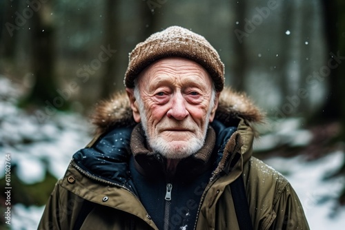 Environmental portrait photography of a glad old man wearing a cozy winter coat against a forest background. With generative AI technology