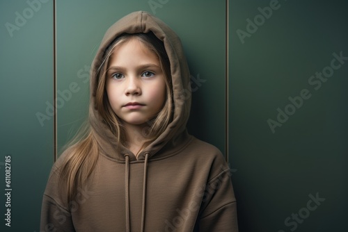 Photography in the style of pensive portraiture of a glad kid female wearing a stylish hoodie against a minimalist or empty room background. With generative AI technology