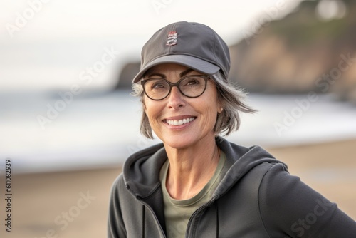 Lifestyle portrait photography of a glad mature girl wearing a cool cap against a beach background. With generative AI technology © Markus Schröder