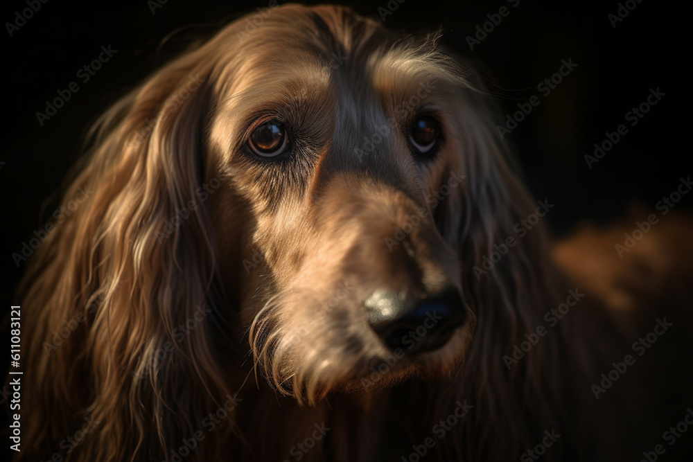 Portrait of a dog of the Afghan Hound breed close-up, generative ai