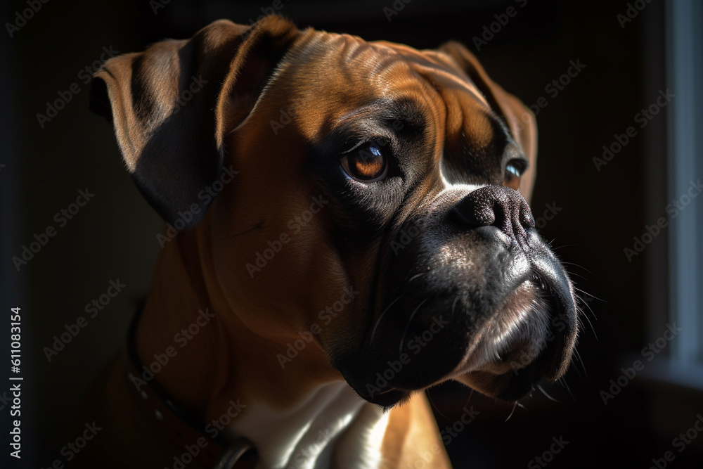 Portrait of a dog of the Boxer breed close-up, generative ai