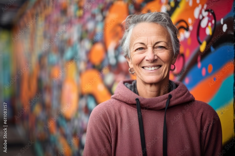 Medium shot portrait photography of a glad mature girl wearing a cozy sweater against a colorful graffiti wall background. With generative AI technology