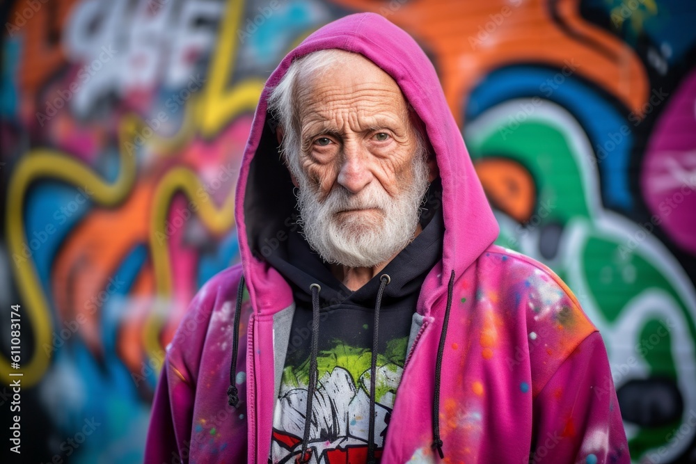 Environmental portrait photography of a glad old man wearing a cozy zip-up hoodie against a colorful graffiti wall background. With generative AI technology