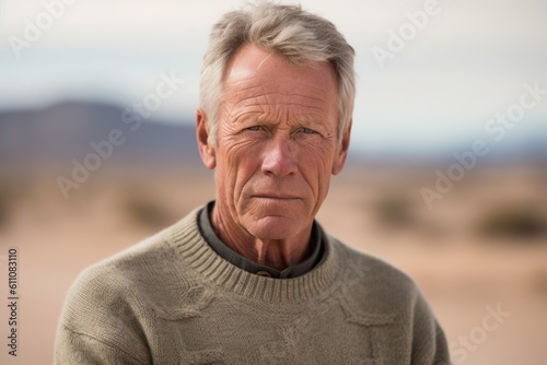 Medium shot portrait photography of a glad mature man wearing a cozy sweater against a desert landscape background. With generative AI technology