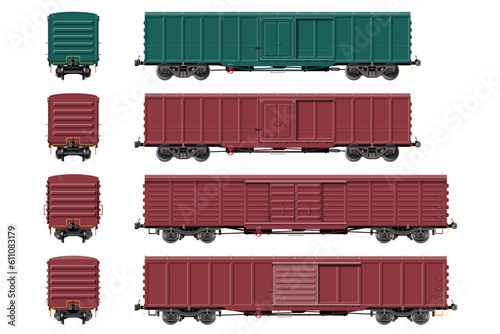 VECTOR EPS10 - various boxcar, freight car, train cargo wagons, photo