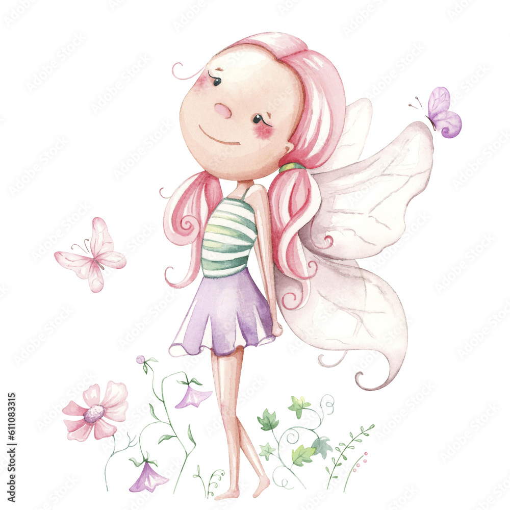 Hand painted cute fairy, flowers, butterflies. watercolor illustration. Hand painted cute fairy, flowers, butterflies. watercolor illustration.