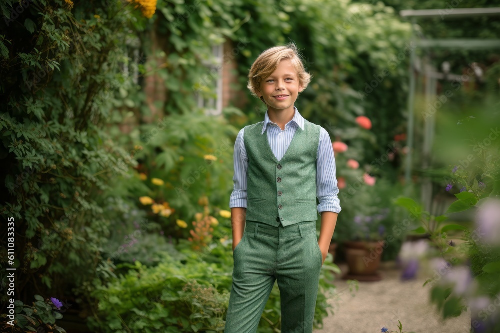 Full-length portrait photography of a satisfied kid male wearing a chic jumpsuit against a lush garden background. With generative AI technology