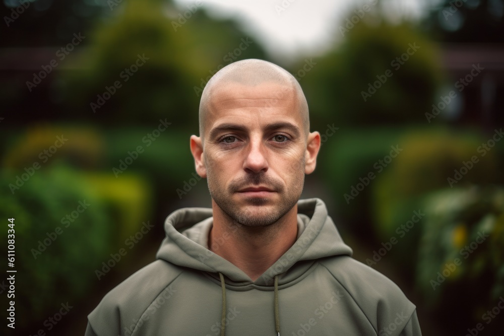 Close-up portrait photography of a glad boy in his 30s wearing a comfortable tracksuit against a lush garden background. With generative AI technology Close-up portrait photography of a glad boy in his 30s wearing a comfortable tracksuit against a lush garden background. With generative AI technology