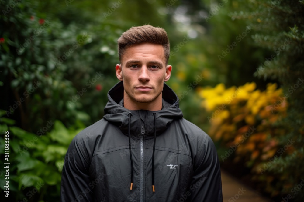 Close-up portrait photography of a glad boy in his 30s wearing a comfortable tracksuit against a lush garden background. With generative AI technology