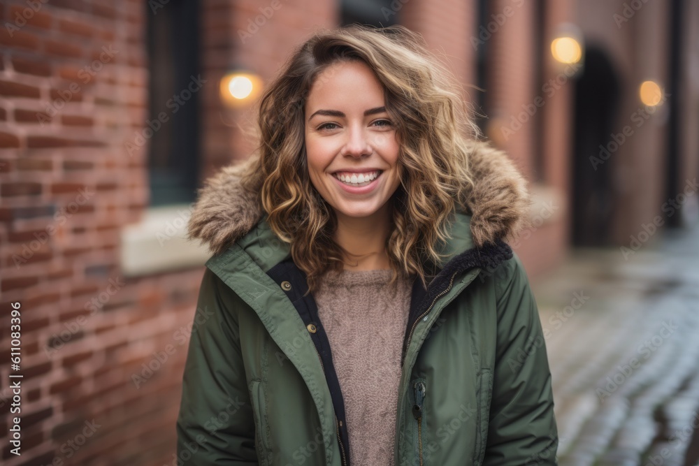 Environmental portrait photography of a happy girl in her 30s wearing a cozy winter coat against a brick wall background. With generative AI technology