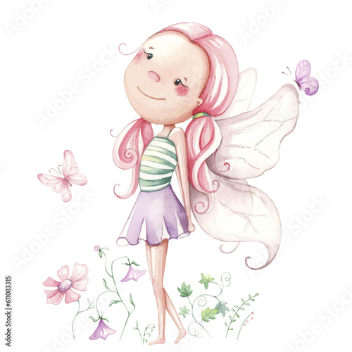 Hand painted cute fairy, flowers, butterflies. watercolor illustration.