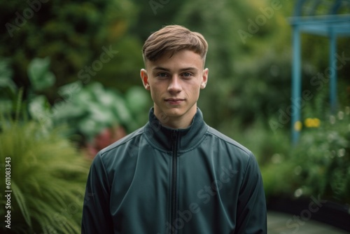 Close-up portrait photography of a glad boy in his 30s wearing a comfortable tracksuit against a lush garden background. With generative AI technology