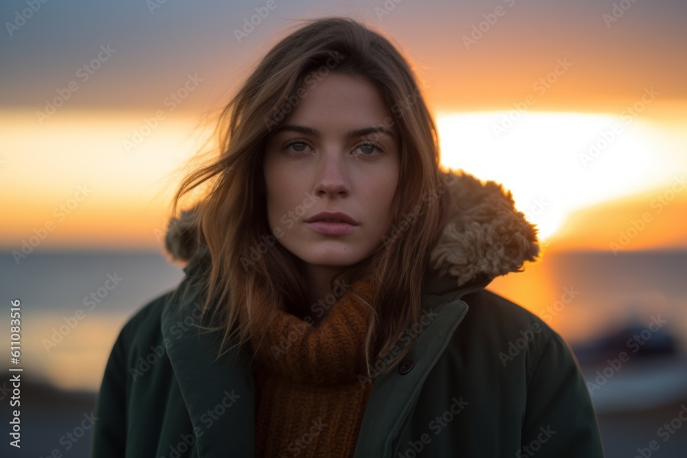 Fototapeta premium Photography in the style of pensive portraiture of a glad girl in her 30s wearing a cozy winter coat against a vibrant sunset background. With generative AI technology