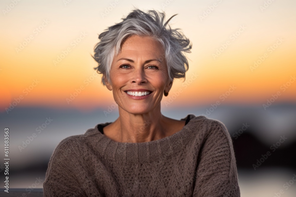 Headshot portrait photography of a satisfied mature woman wearing a cozy sweater against a vibrant sunset background. With generative AI technology Headshot portrait photography of a satisfied mature woman wearing a cozy sweater against a vibrant sunset background. With generative AI technology