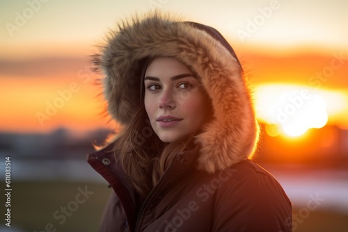 Photography in the style of pensive portraiture of a glad girl in her 30s wearing a cozy winter coat against a vibrant sunset background. With generative AI technology