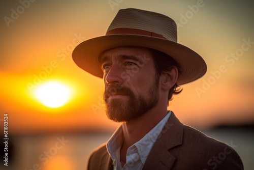 Group portrait photography of a glad boy in his 30s wearing a stylish sun hat against a vibrant sunset background. With generative AI technology