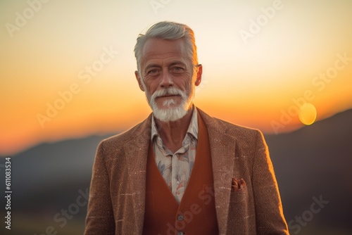 Environmental portrait photography of a glad mature man wearing a chic cardigan against a vibrant sunset background. With generative AI technology © Markus Schröder