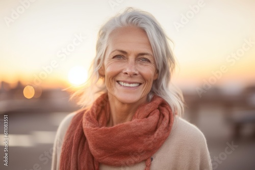 Headshot portrait photography of a satisfied mature woman wearing a cozy sweater against a vibrant sunset background. With generative AI technology © Markus Schröder