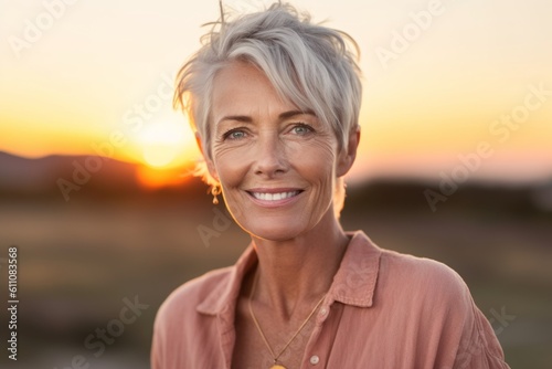 Headshot portrait photography of a satisfied mature woman wearing comfortable jeans against a vibrant sunset background. With generative AI technology