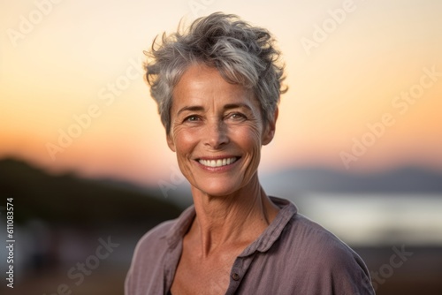 Headshot portrait photography of a satisfied mature woman wearing comfortable jeans against a vibrant sunset background. With generative AI technology