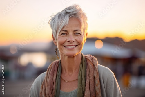 Environmental portrait photography of a grinning mature girl wearing a chic cardigan against a vibrant sunset background. With generative AI technology