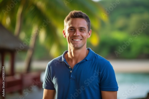 Medium shot portrait photography of a satisfied boy in his 30s wearing a sporty polo shirt against a tropical island background. With generative AI technology