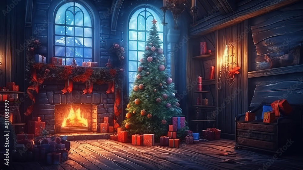 Interior christmas. magic glowing tree, fireplace gifts in dark. Generative ai Interior christmas. magic glowing tree, fireplace gifts in dark. Generative ai