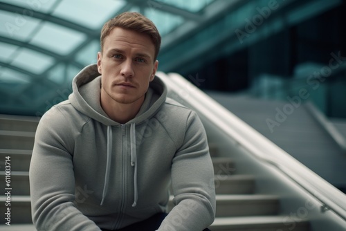 Lifestyle portrait photography of a glad boy in his 30s wearing a comfortable hoodie against a modern architecture background. With generative AI technology