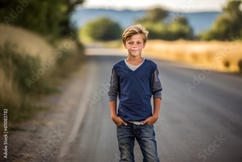 Lifestyle portrait photography of a satisfied kid male wearing comfortable jeans against a winding country road background. With generative AI technology © Markus Schröder